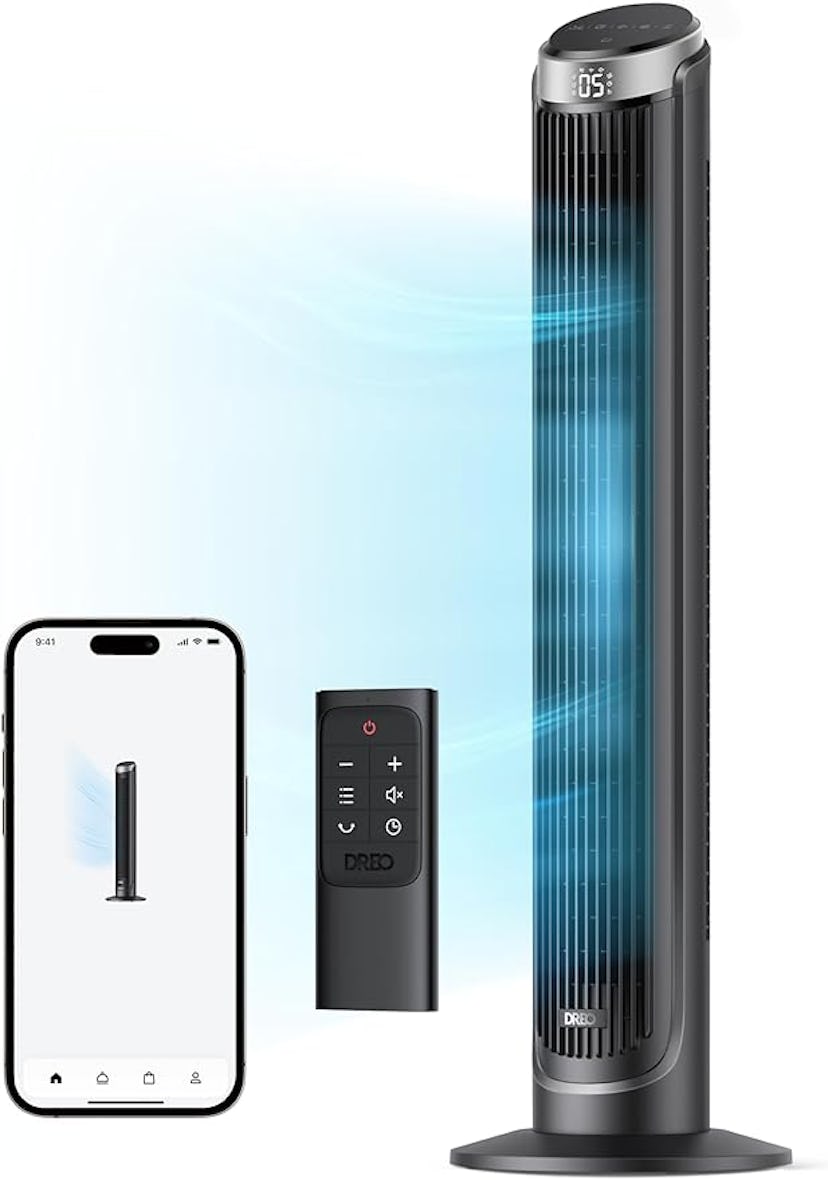 Smart tower fan with a digital display, controlled by a smartphone app and a remote, shown on a ligh...