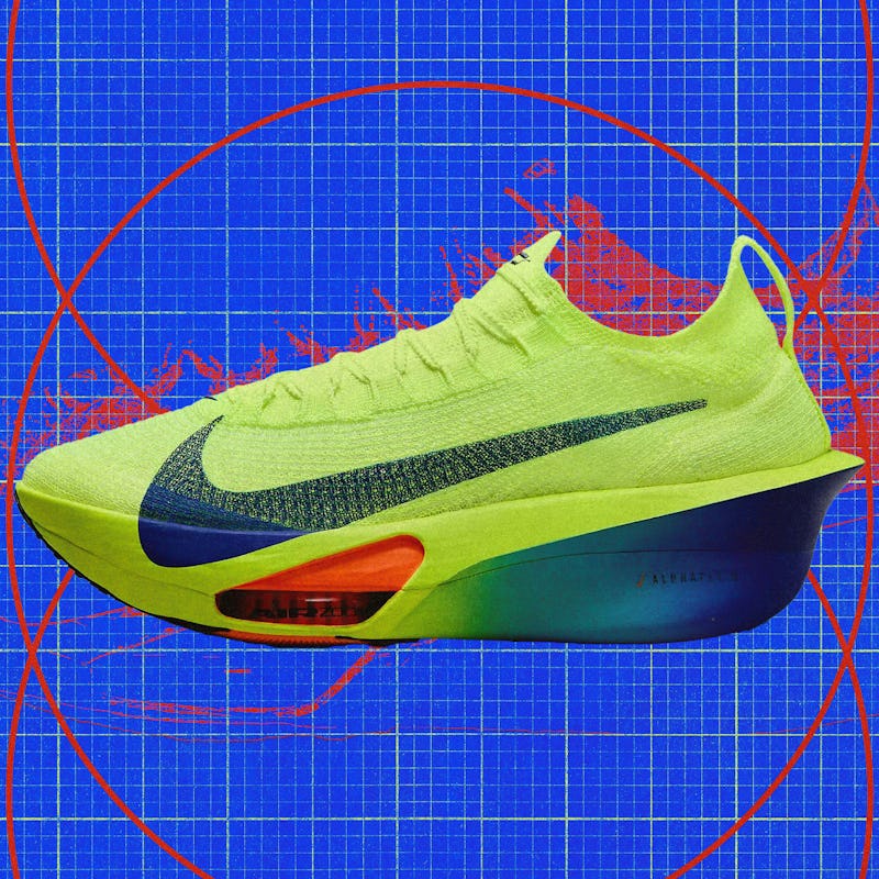 A vibrant neon green running shoe with a blue and orange gradient sole, displayed against a blue gri...