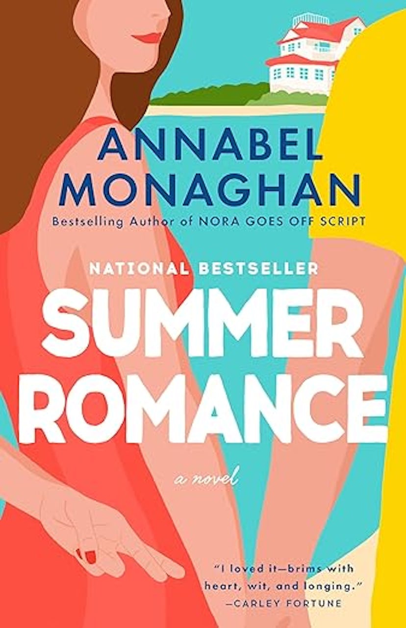 Book cover of "Summer Romance" by Annabel Monaghan, featuring illustrated woman with beach house in ...