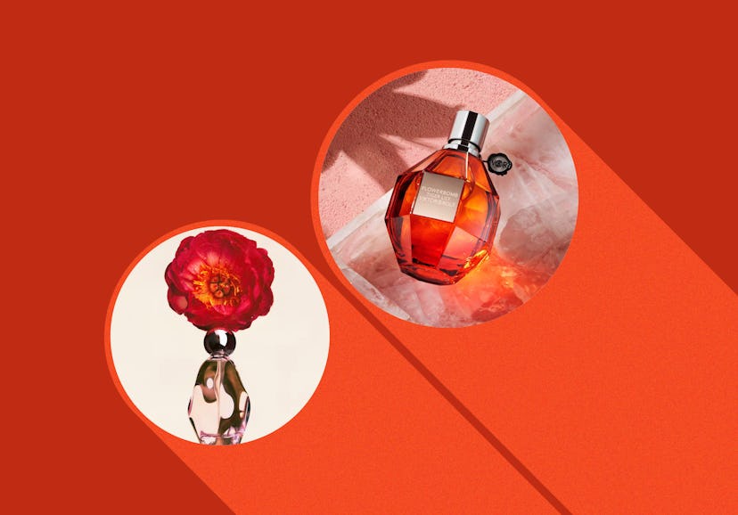 Three perfume bottles on a red background, each with floral decorations, creatively arranged in a dy...