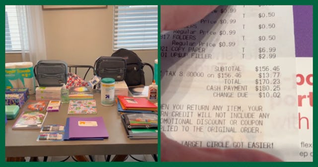A TikTok user's back-to-school shopping haul beside an image of the receipt.