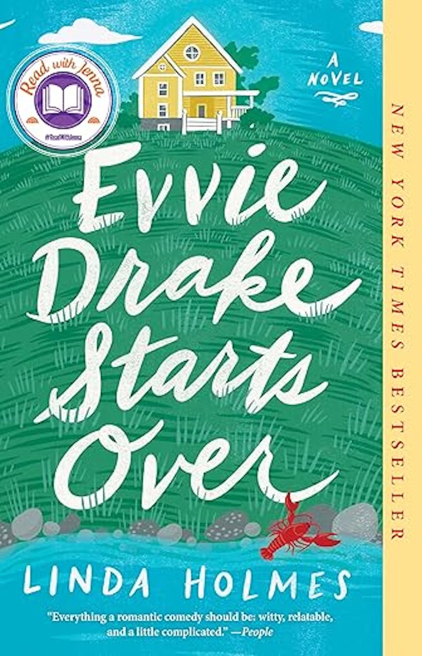 Cover of "Evvie Drake Starts Over" by Linda Holmes, featuring a house, trees, and a lobster on a blu...