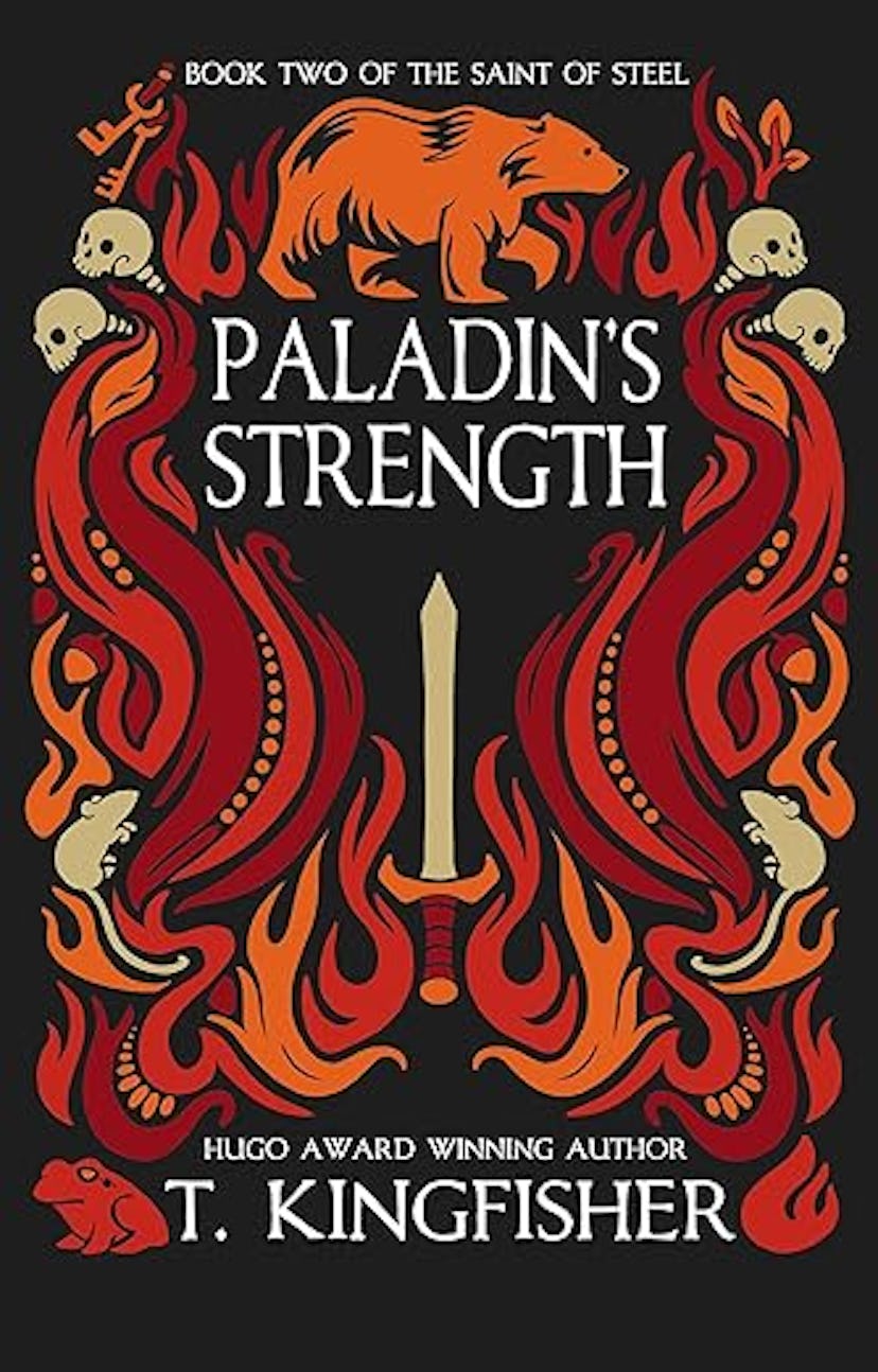 Cover of "Paladin's Strength" featuring a central sword flanked by stylized flames and wolves, with ...