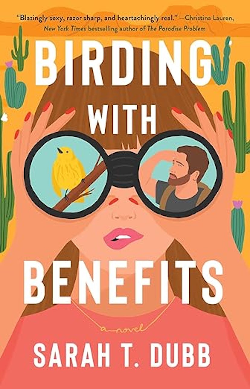 Book cover for "Birding with Benefits" by Sarah T. Dubb, featuring a woman looking through binocular...