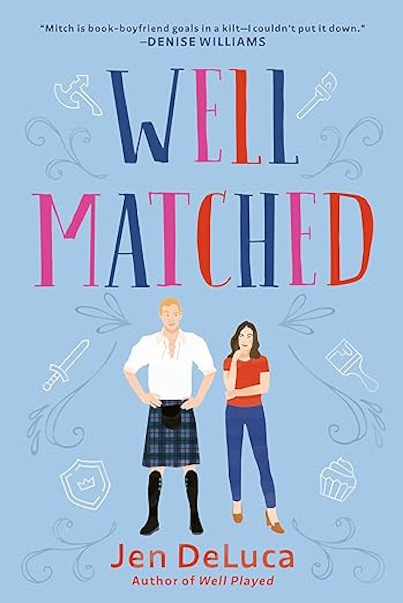 Book cover for "Well Matched" by Jen DeLuca featuring illustrations of a man in a kilt and a woman i...