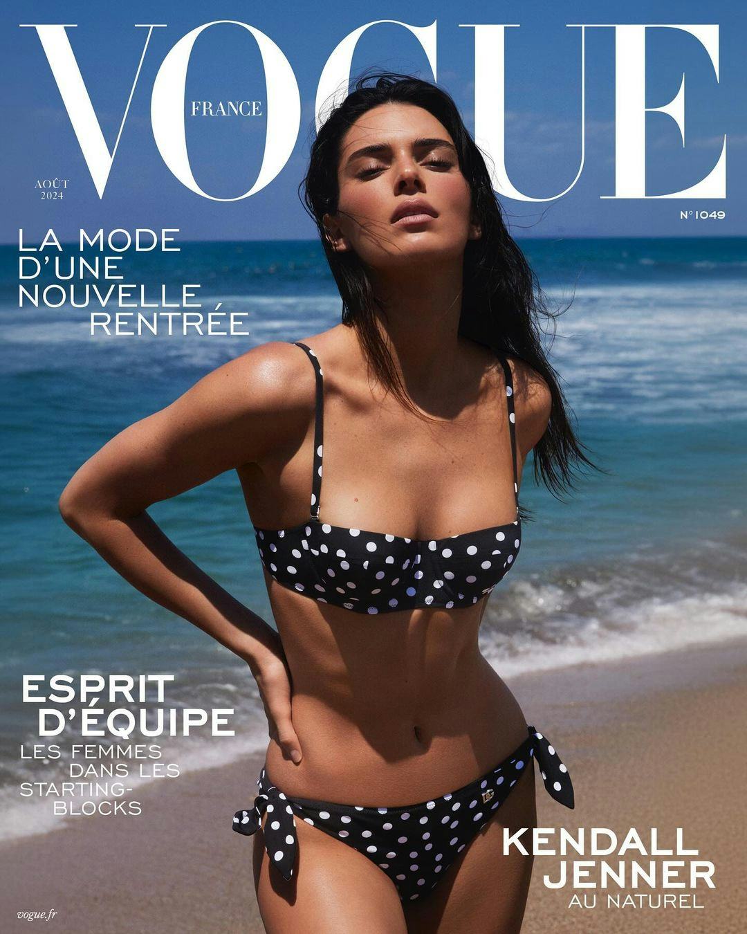 Kendall Jenner wears a polka dot bikini on the cover of Vogue France.