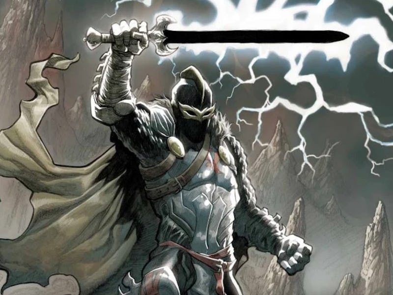 Dane Whitman holds up the Ebony Blade in Black Knight Vol. 3 #1. Published in 2015.