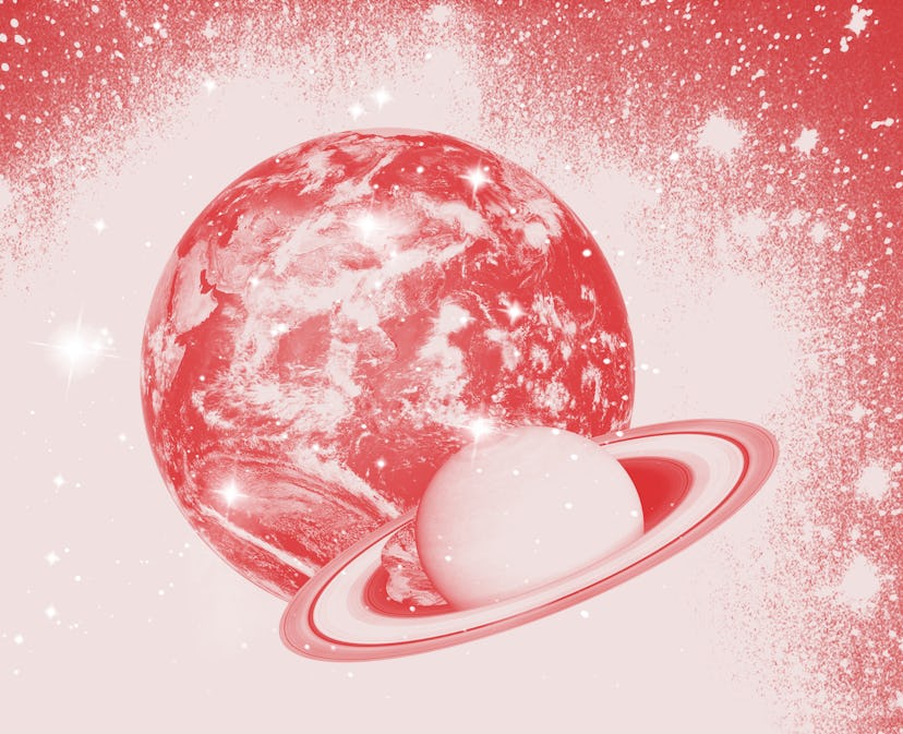 A stylized, red-toned image of two planets, with one featuring a prominent ring system, set against ...