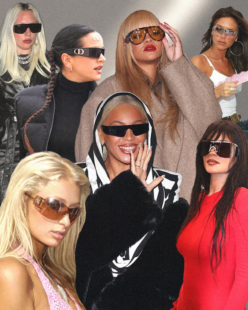 a collage of celebrities wearing shield sunglasses including rihanna, beyonce, lady gaga, and more