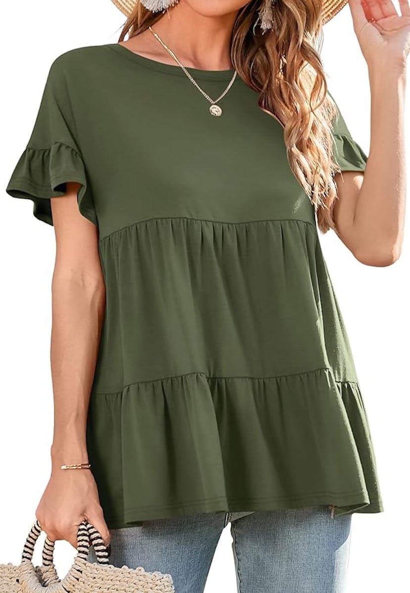 Neineiwu Ruffle Short Sleeve Crewneck Tunic