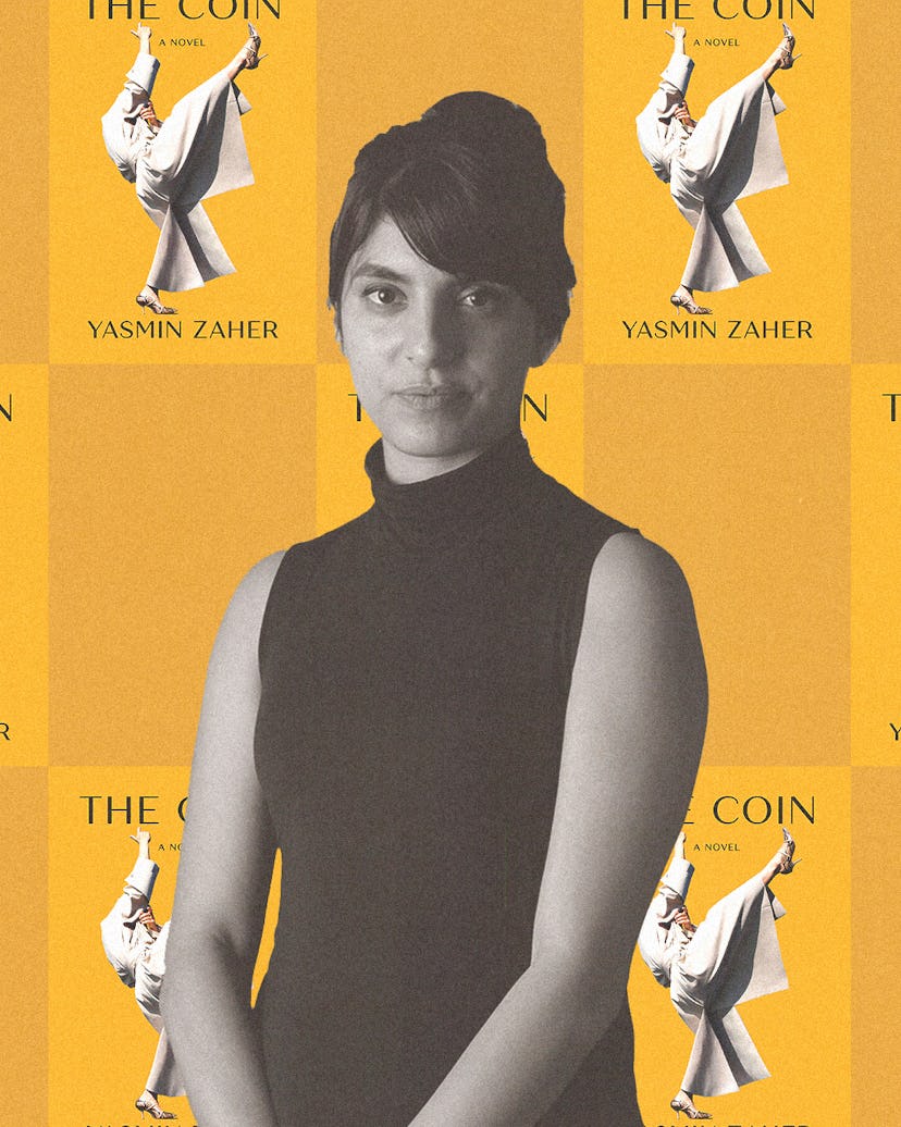 A collage of writer Yasmin Zaher and her new book, The Coin