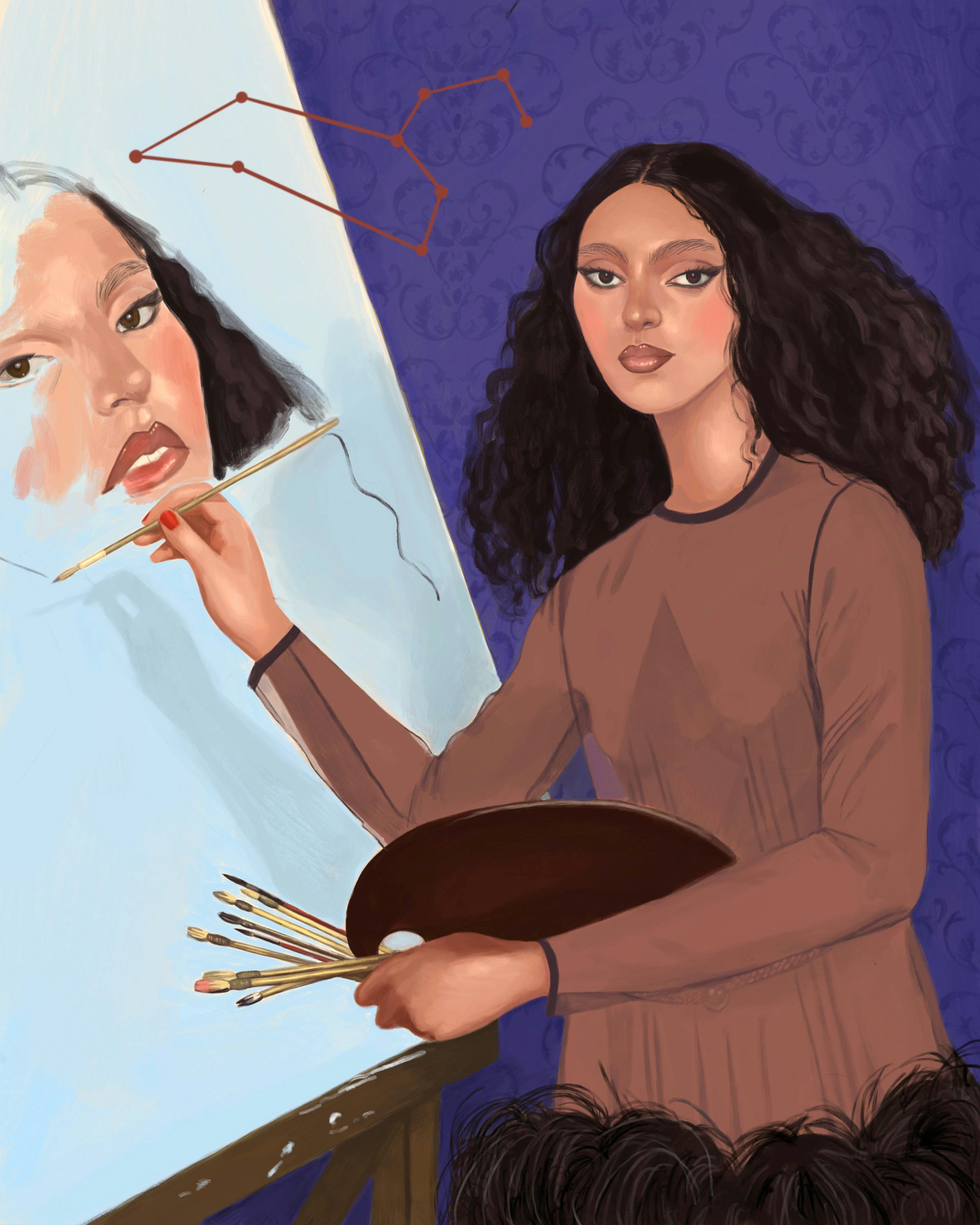 a drawing of a brunette person painting their own face and likeness