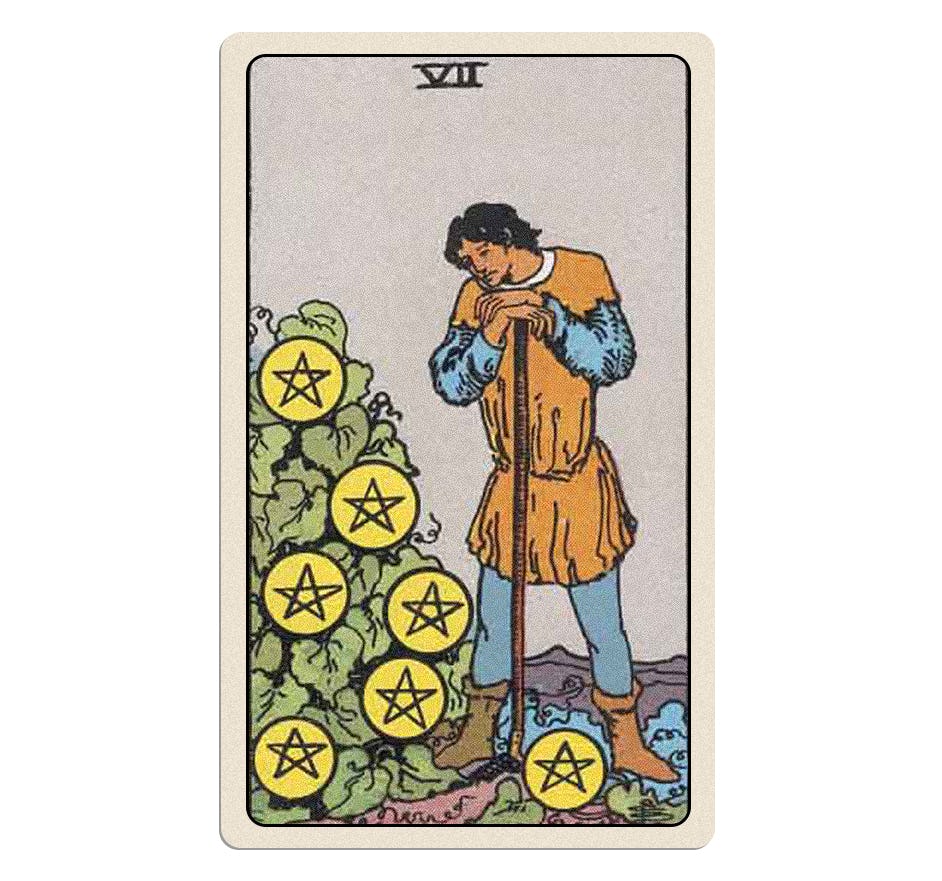 Your August 2024 tarot reading includes the Seven of Pentacles card.