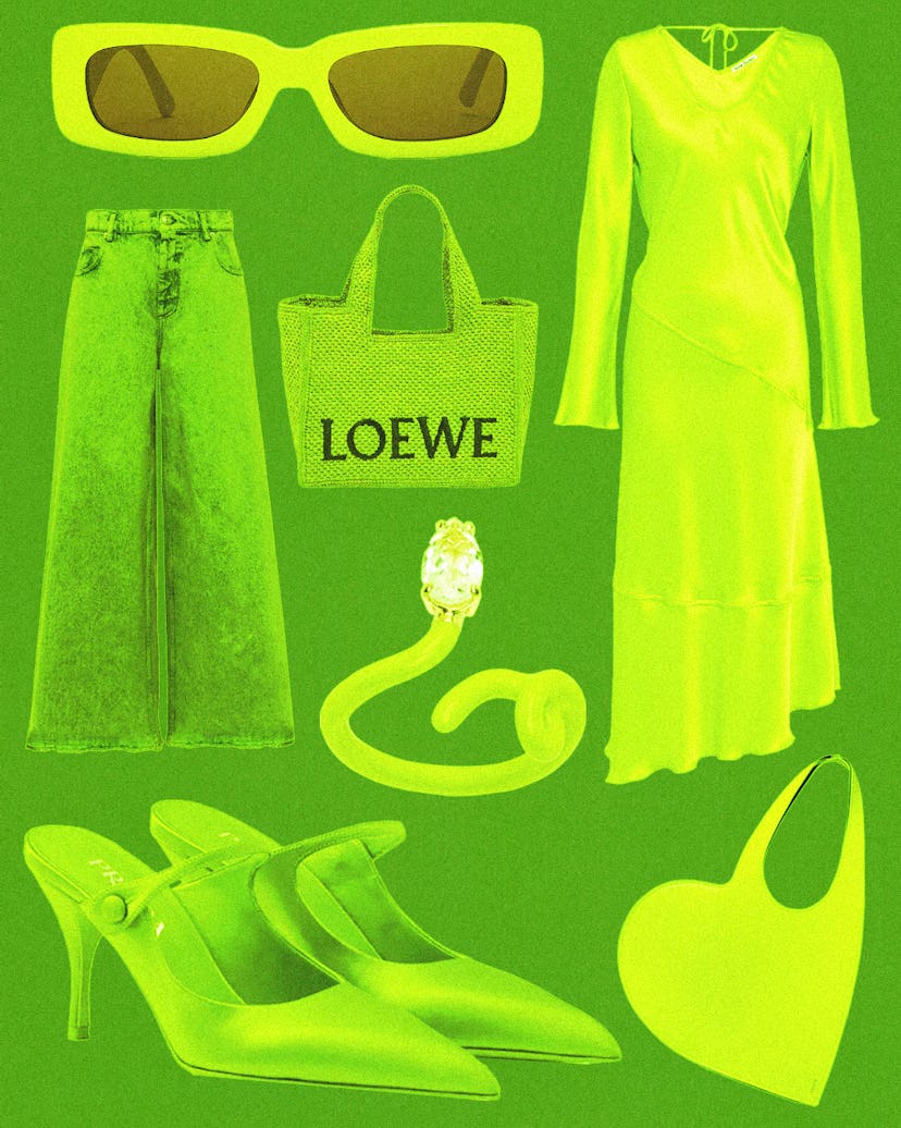 Brat green items from the Attico, Loewe, Acne Studios, Coperni, Prada, Marni and Bea Bongiasca