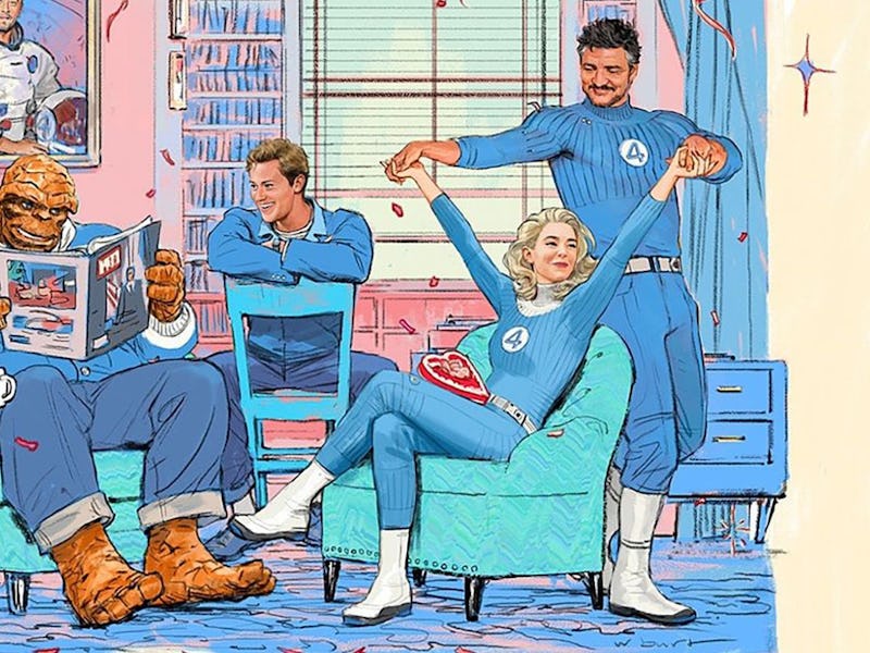 Illustration of the Fantastic Four relaxing together in a cozy room, reading and enjoying each other...