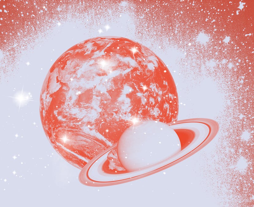 A stylized artistic depiction of two vibrant red planets, one with rings, against a glittery star-fi...