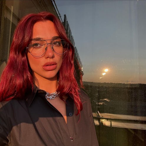 Dua Lipa posing for a selfie wearing Bottega glasses and a silver statement necklace.