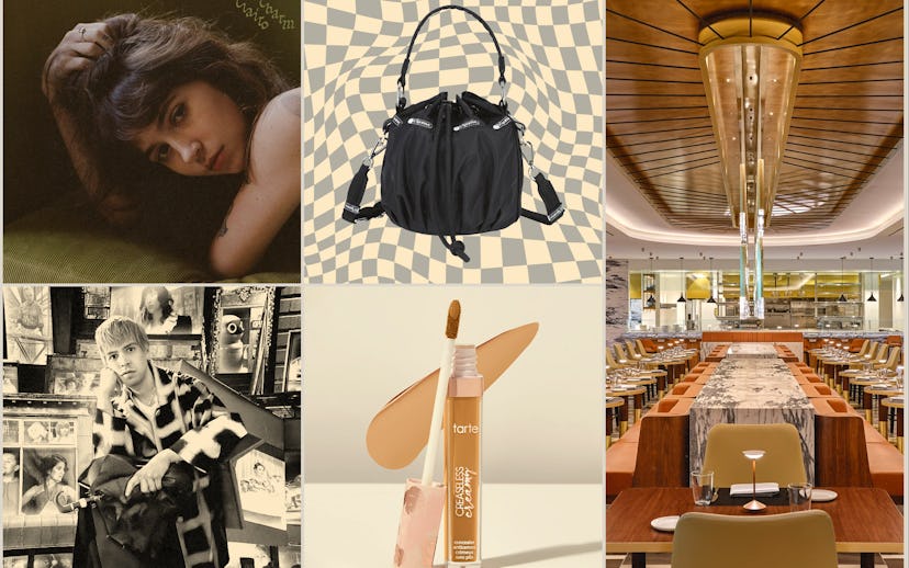 Collage of six images featuring a vintage portrait, backpack, modern dining hall, historical celebri...