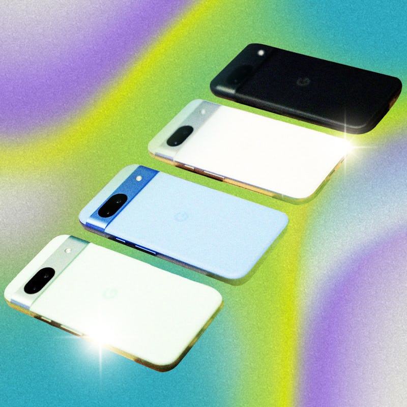 Four smartphones in different colors displayed on a vibrant, rainbow-hued gradient background with a...