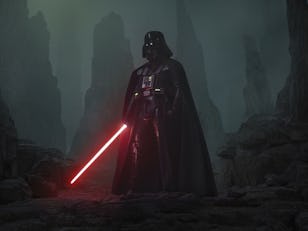 Darth Vader holding a red lightsaber, standing dramatically in a misty canyon with towering rocky walls.