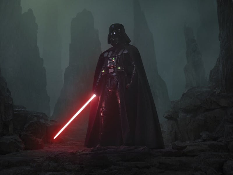 Darth Vader holding a red lightsaber, standing dramatically in a misty canyon with towering rocky wa...