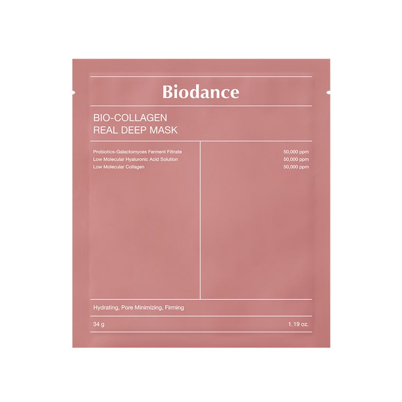 A pink packet of Biodance Bio-Collagen Real Deep Mask, labeled with key ingredients and benefits lik...