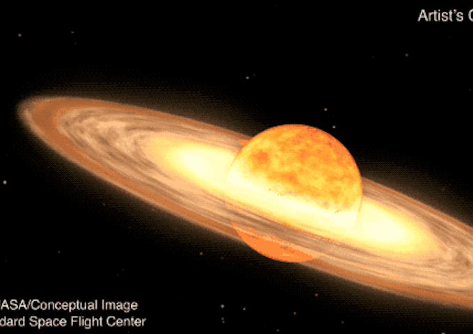 Artist's concept of a bright star with an expansive, glowing accretion disk, set against a dark space background.