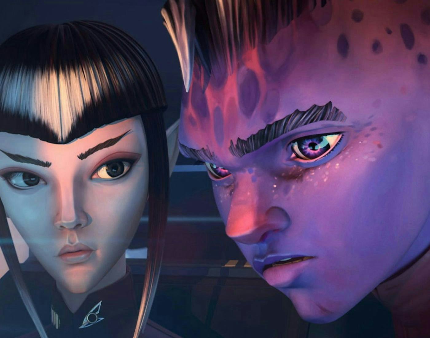 Close-up of two animated characters; a female with black hair and a male with purple skin and spikes, looking intense.