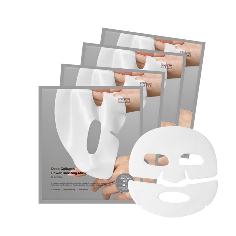 Multiple packages of a collagen boosting facial mask with a close-up of the mask and texts highlight...