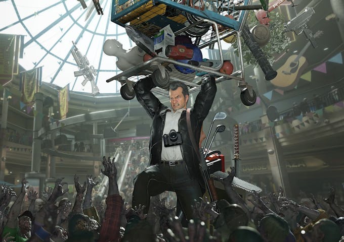 Man holding a guitar and shield floats above a crowd in a mall, surrounded by various flying objects and zombies.