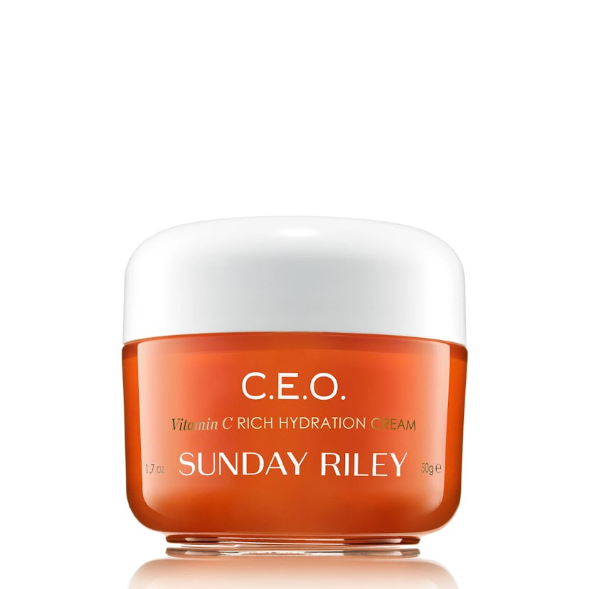 A jar of Sunday Riley C.E.O. Vitamin C Rich Hydration Cream against a white background.