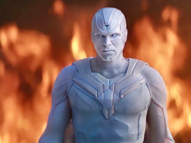 White Vision is a back and in front of flames in 'WandaVision.'