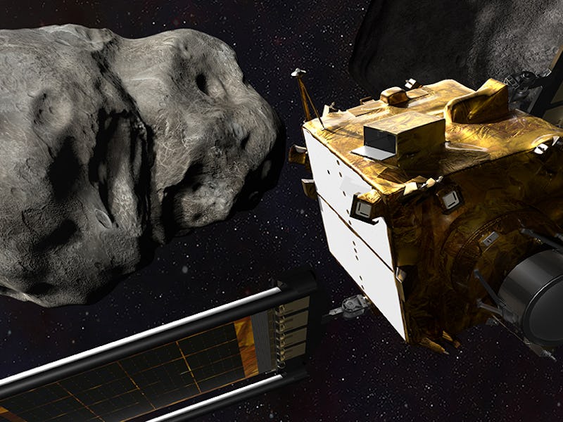 An illustration of a box-shaped spacecraft approaching a potato-shaped asteroid.