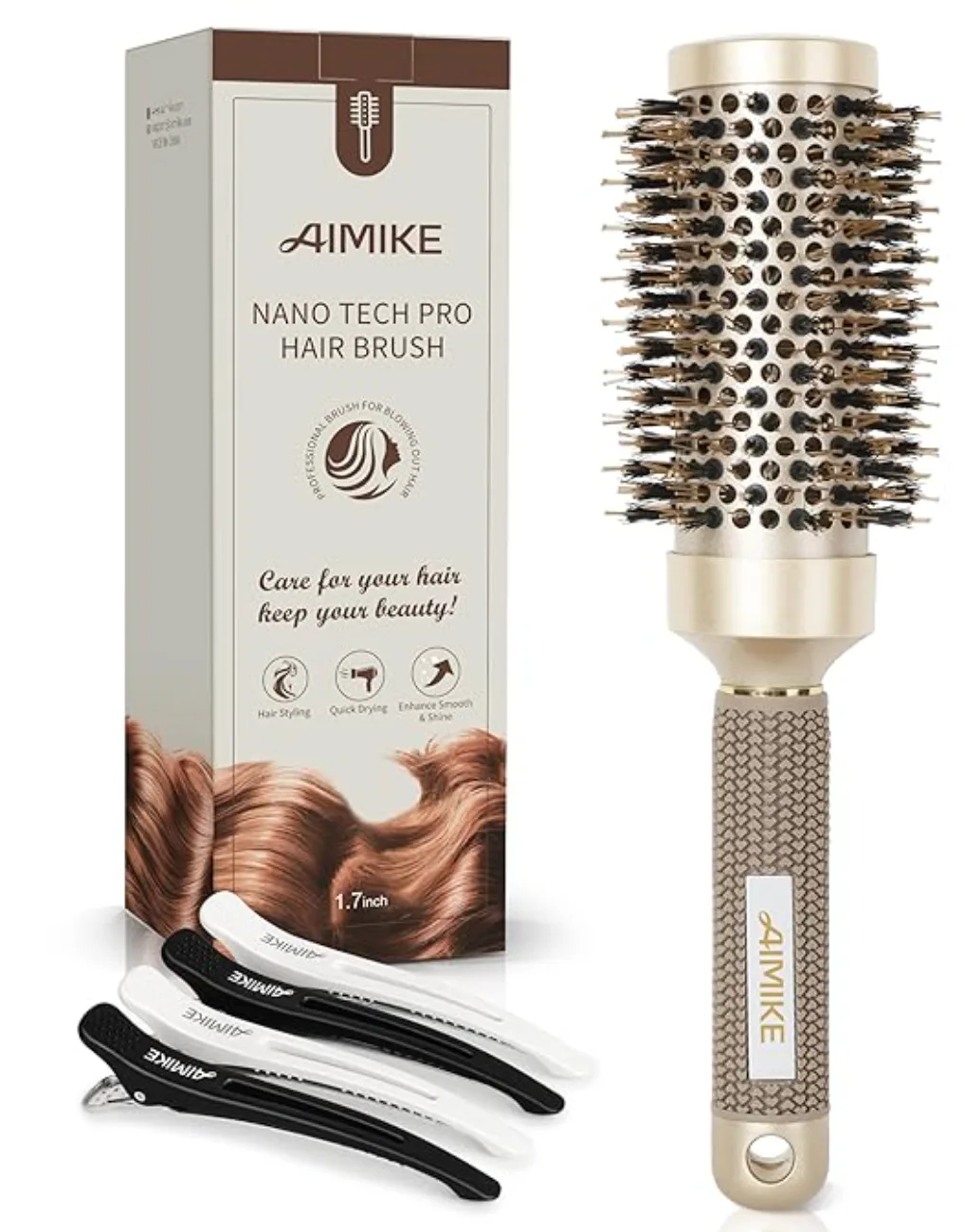 AIMIKE Nano Thermal Ceramic Round Brush & Clips 