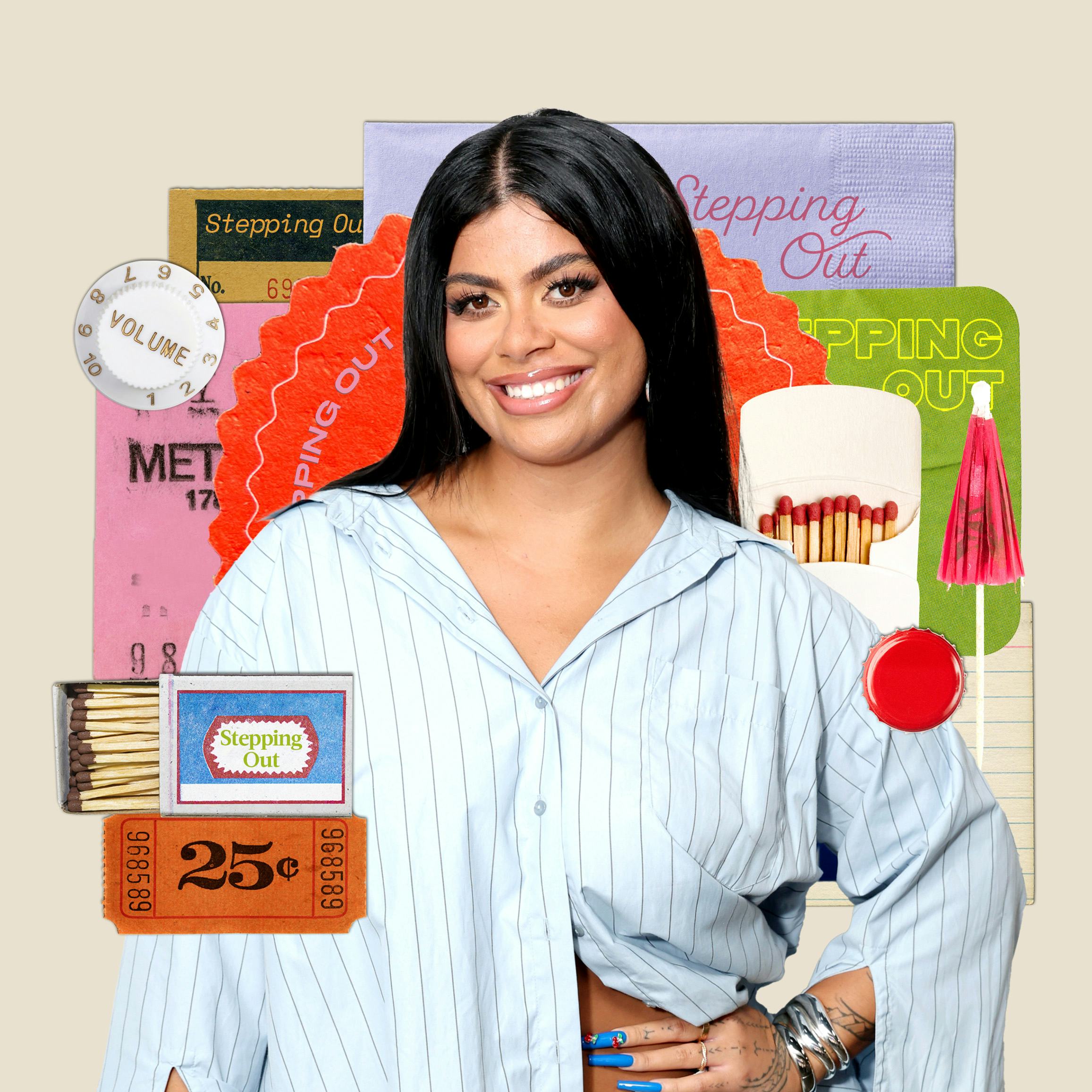 Woman smiling against a collage background with images of tickets, pins, and a notebook, giving a pl...