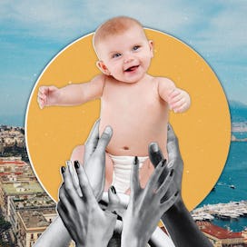 Multiple hands holding up a baby