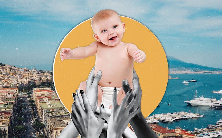 Multiple hands holding up a baby