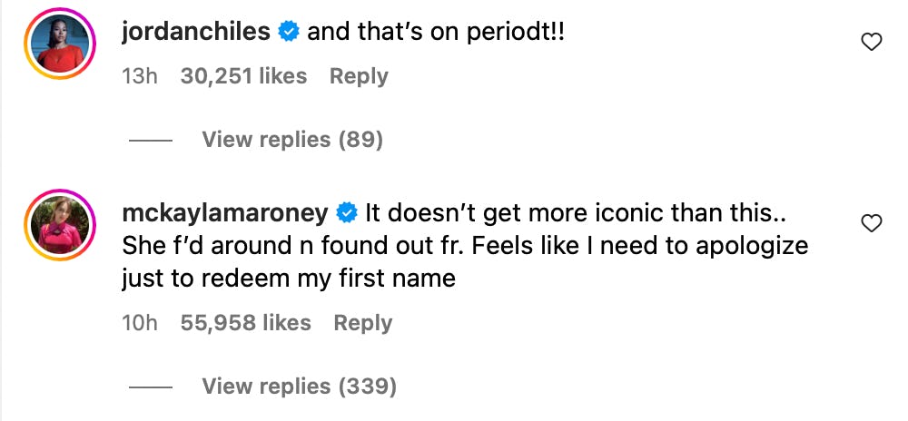 Olympic gymnasts supporting Simone Biles on Instagram.