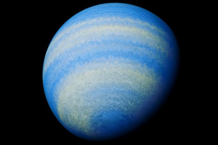 A gaseous planet is decorated with vivid bands that stripe length-wise across the atmosphere.