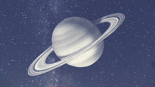 A detailed depiction of Saturn and its iconic rings set against a star-filled dark sky, invoking a s...