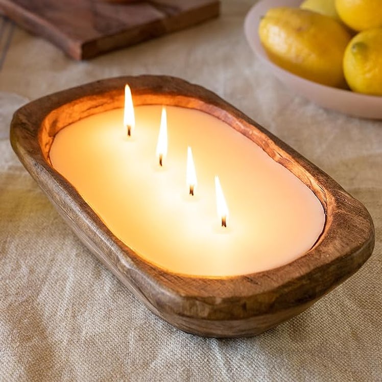 MAINEVENT Wooden Dough Bowl Candle