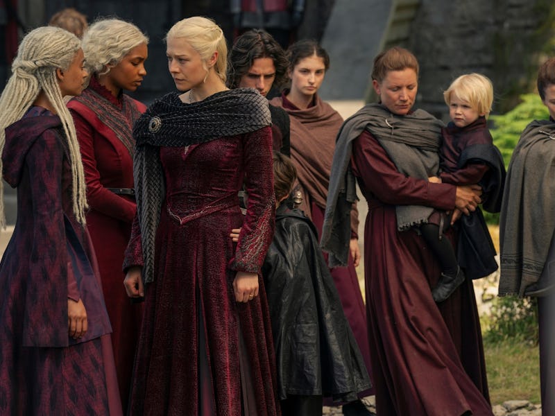 Princess Rhaenyra Targaryen (Emma D'arcy) speaks with Rhaena Targaryen (Phoebe Campbell) and Baela T...