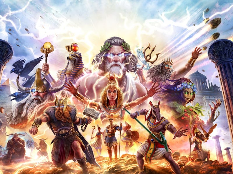 Vibrant artwork of mythical gods and warriors amidst ancient ruins under a stormy sky, wielding magi...