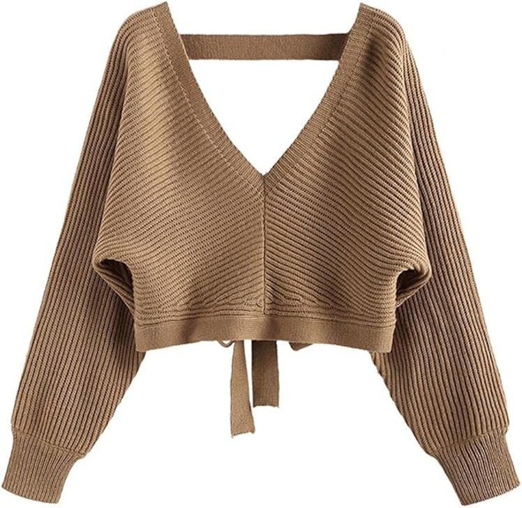 ZAFUL V Neck Cropped Sweater 