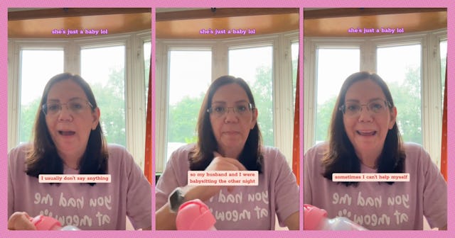 A triptych of a woman in a pink shirt speaking animatedly, with text overlays expressing humorous th...