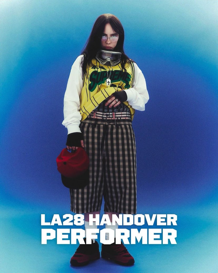 Billie Eilish exposes her underwear to promote her performance at the Olympics' closing ceremony.