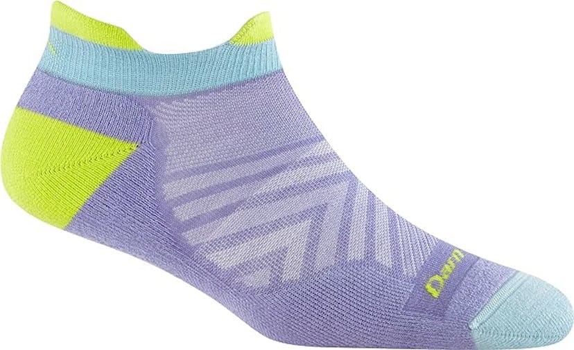 A single lightweight athletic sock featuring a lavender body, neon green accent, and light blue cuff...