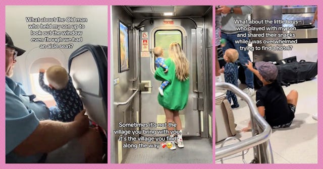 Three images show a parent and child on a plane, a woman holding a child in a corridor, and children...