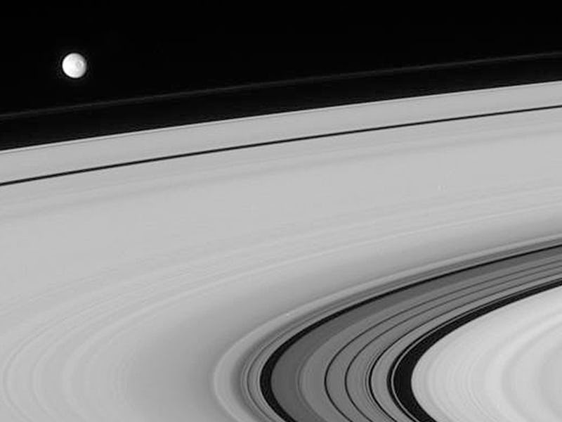 Saturn’s moon Mimas, floating above the planet’s rings, might conceal a liquid ocean beneath its sur...