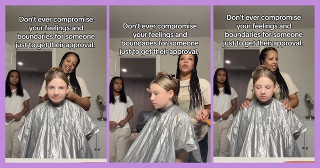A triptych of three images featuring a hairdresser and two young girls. The text emphasizes the impo...
